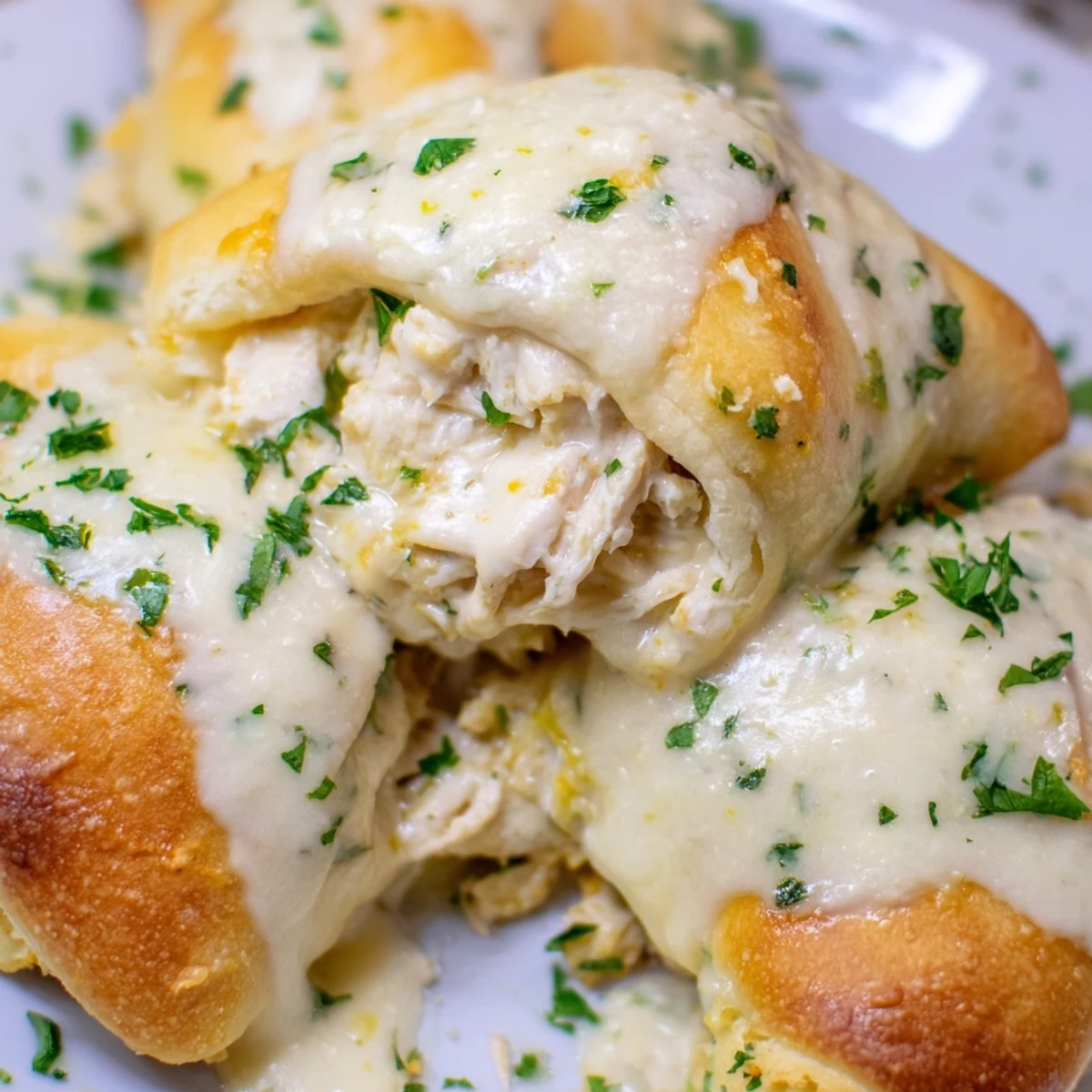 Oven-baked chicken crescent pillows served piping hot with smooth homemade parmesan sauce