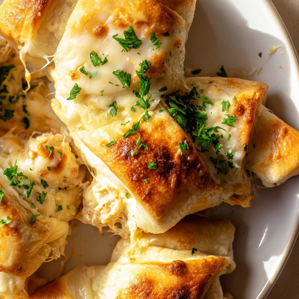 Tender chicken wrapped in flaky pastry pillows topped with creamy white parmesan sauce