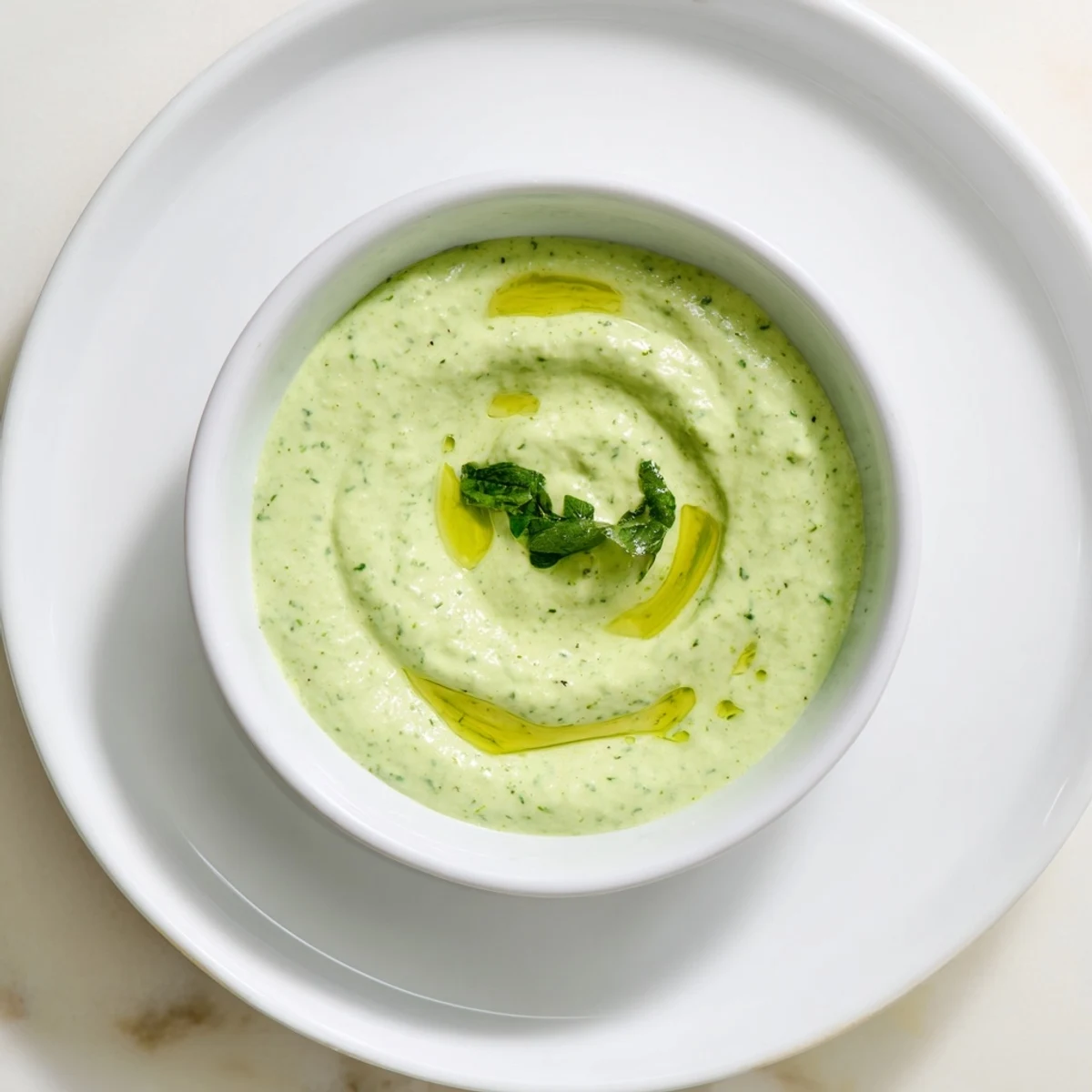 Bright green creamy cilantro lime sauce in a small serving bowl with lime wedge