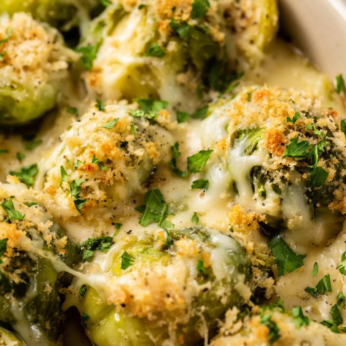Golden bubbly creamy Parmesan Brussels sprouts casserole topped with crispy breadcrumbs and fresh parsley