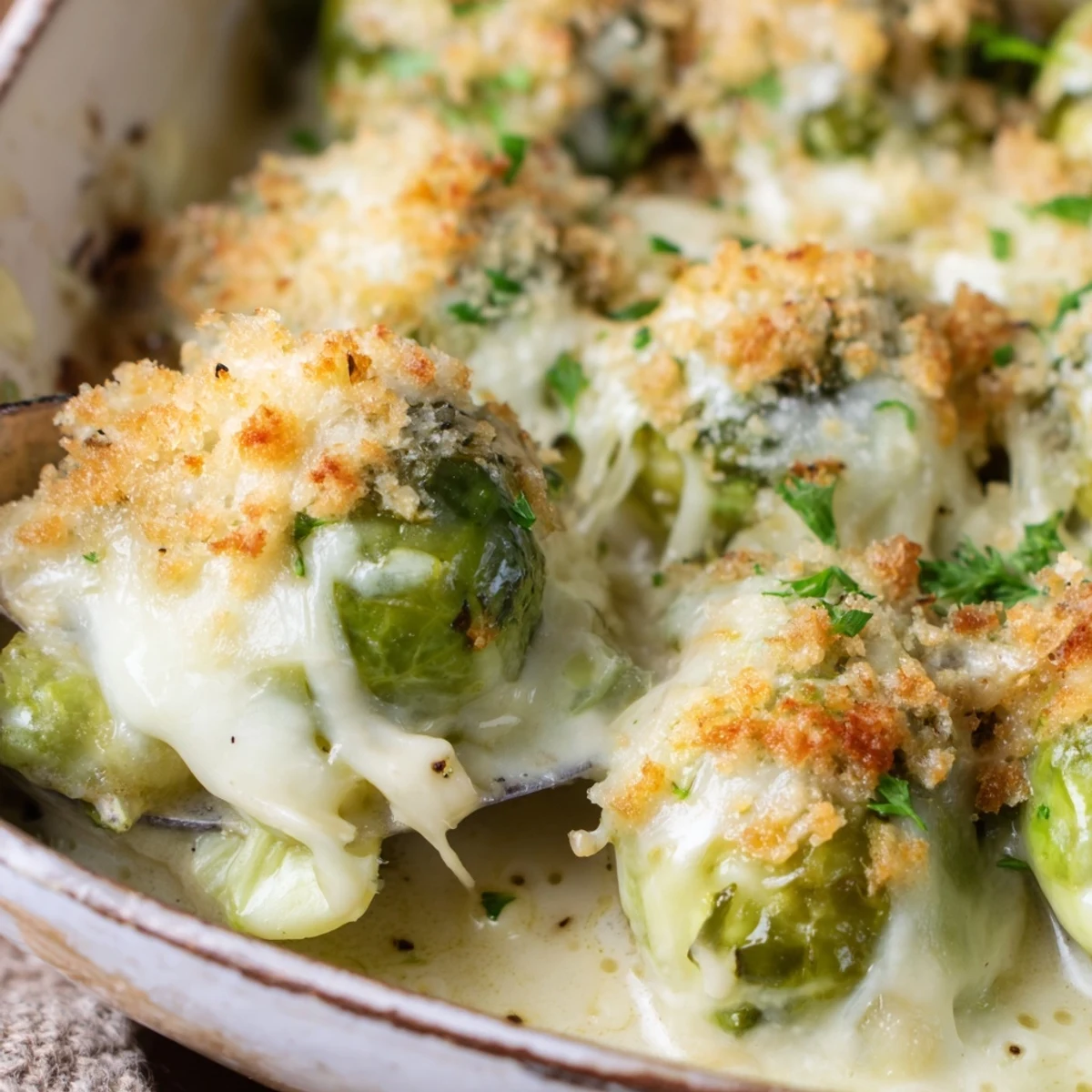 Homemade creamy Parmesan Brussels sprouts casserole with melted mozzarella and golden panko topping garnished with parsley
