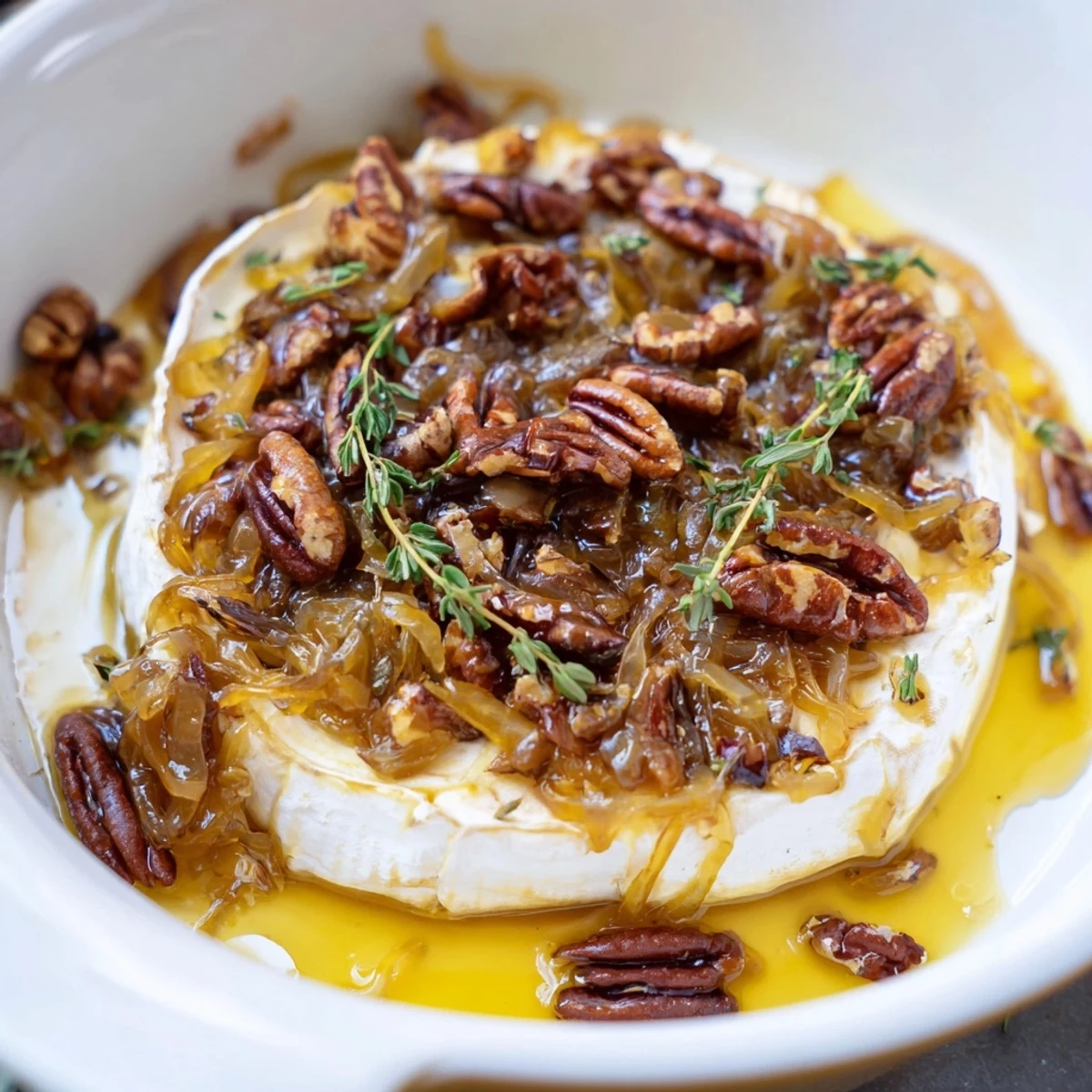 Golden wheel of warm baked brie with caramelized onions and toasted pecans