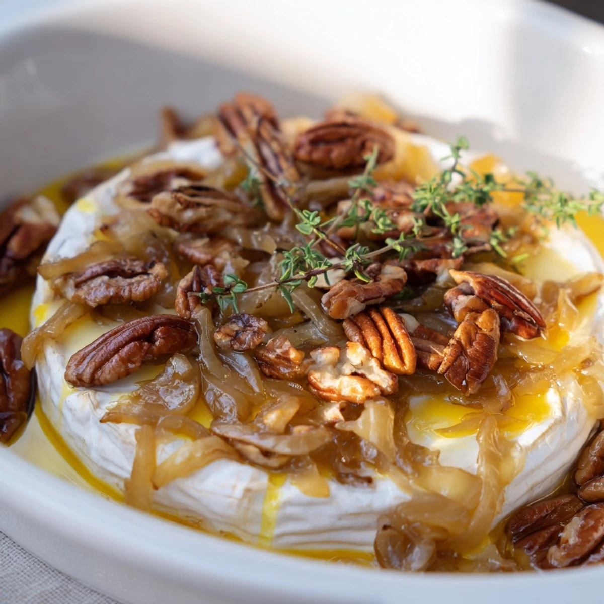 Elegant baked brie appetizer topped with golden onions and pecans ready for dipping