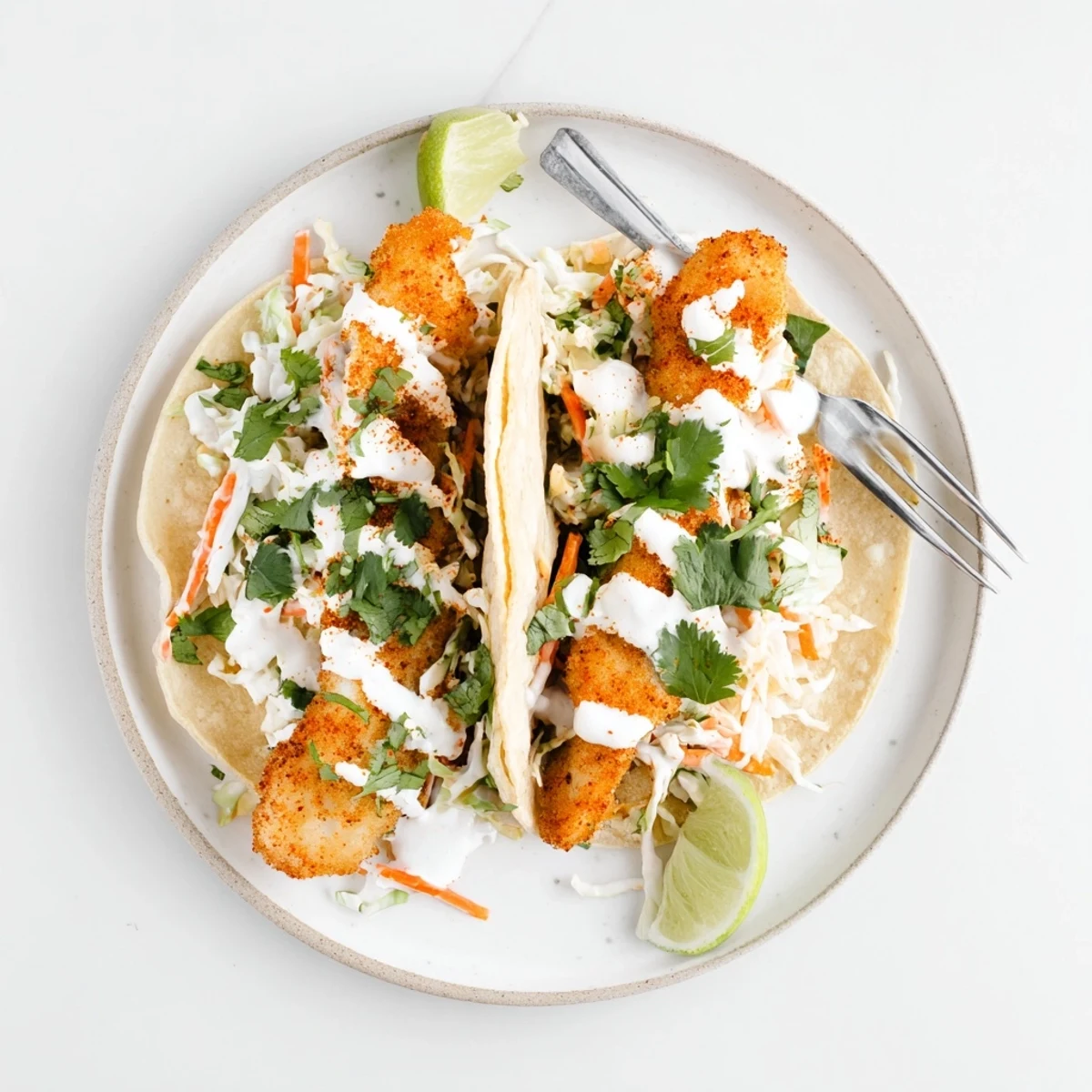 Flaky spiced baked cod nestled in warm tortillas with fresh cilantro and zesty lime crema