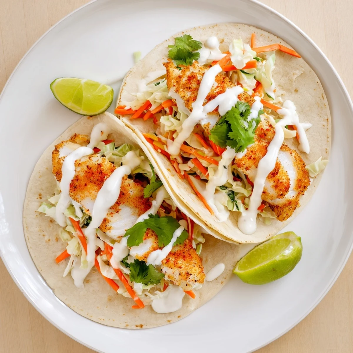 Golden baked cod fish tacos topped with colorful cabbage slaw and creamy lime crema drizzle