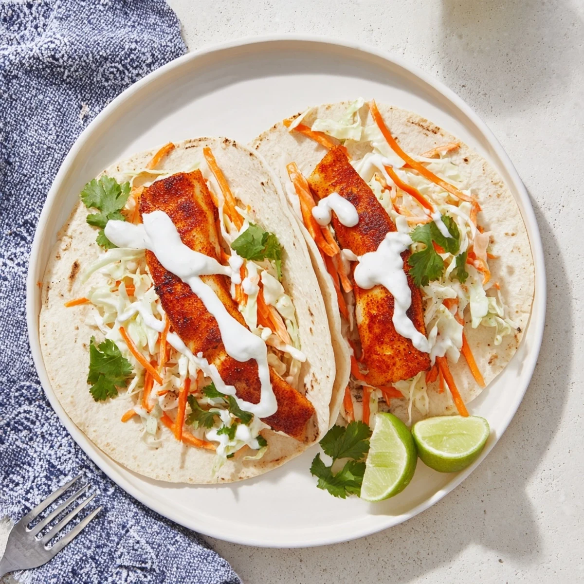 Plate of baked cod fish tacos featuring tender seasoned fish, crunchy slaw, and tangy crema sauce