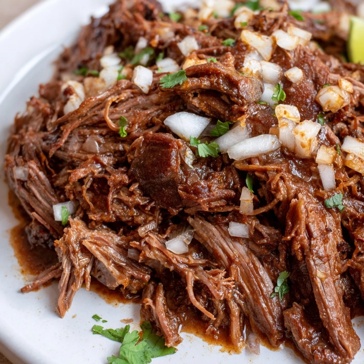 Slow Cooker Beef Barbacoa: tender shredded beef steaming over warm corn tortillas