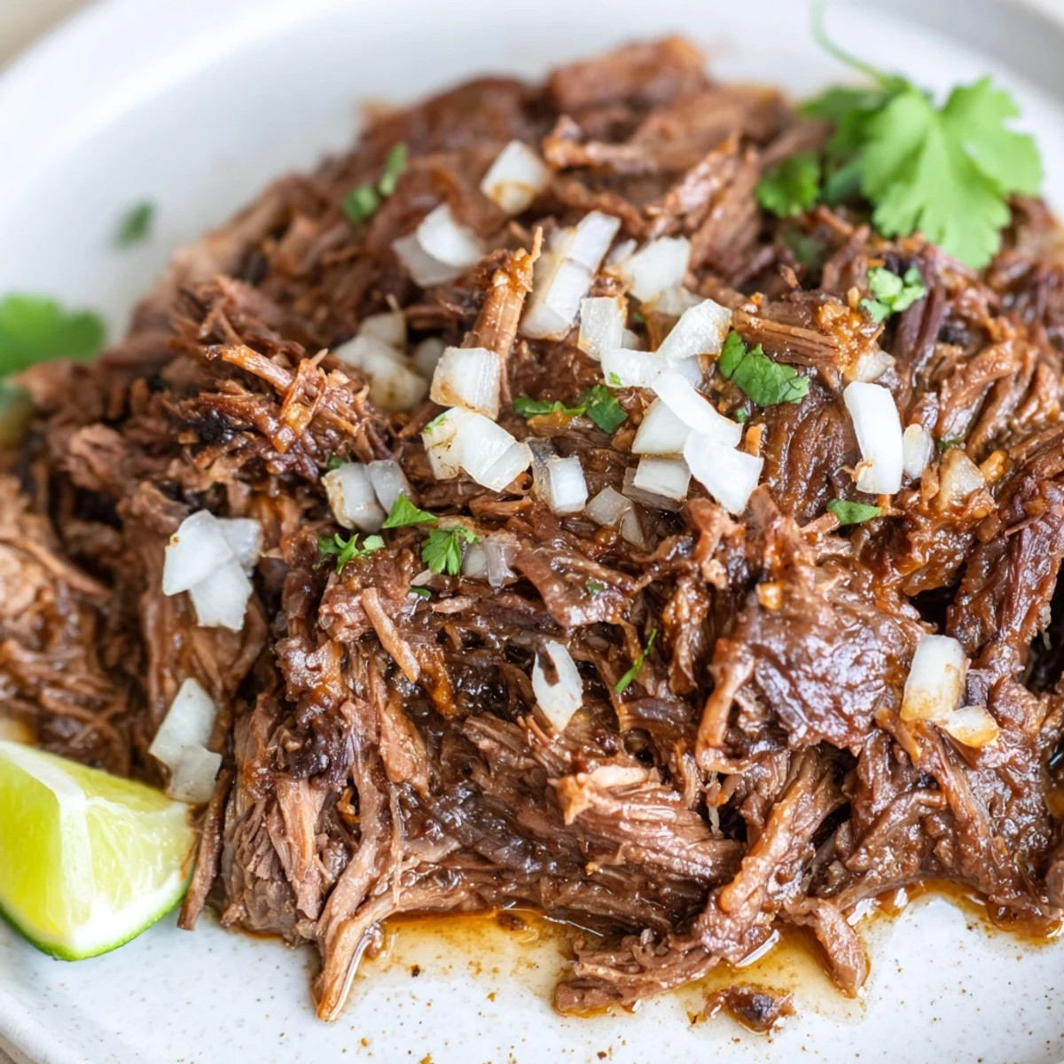 Aromatic Slow Cooker Beef Barbacoa piled in bowl with lime wedges