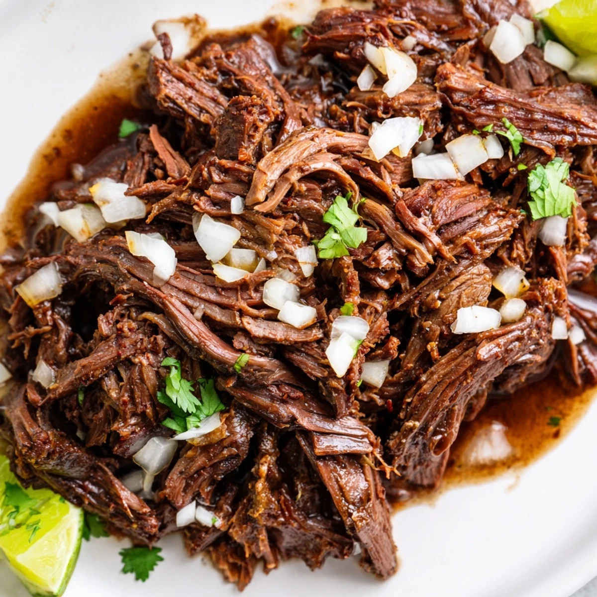 Fork-tender Slow Cooker Beef Barbacoa glistening in spicy juices, ready for tacos