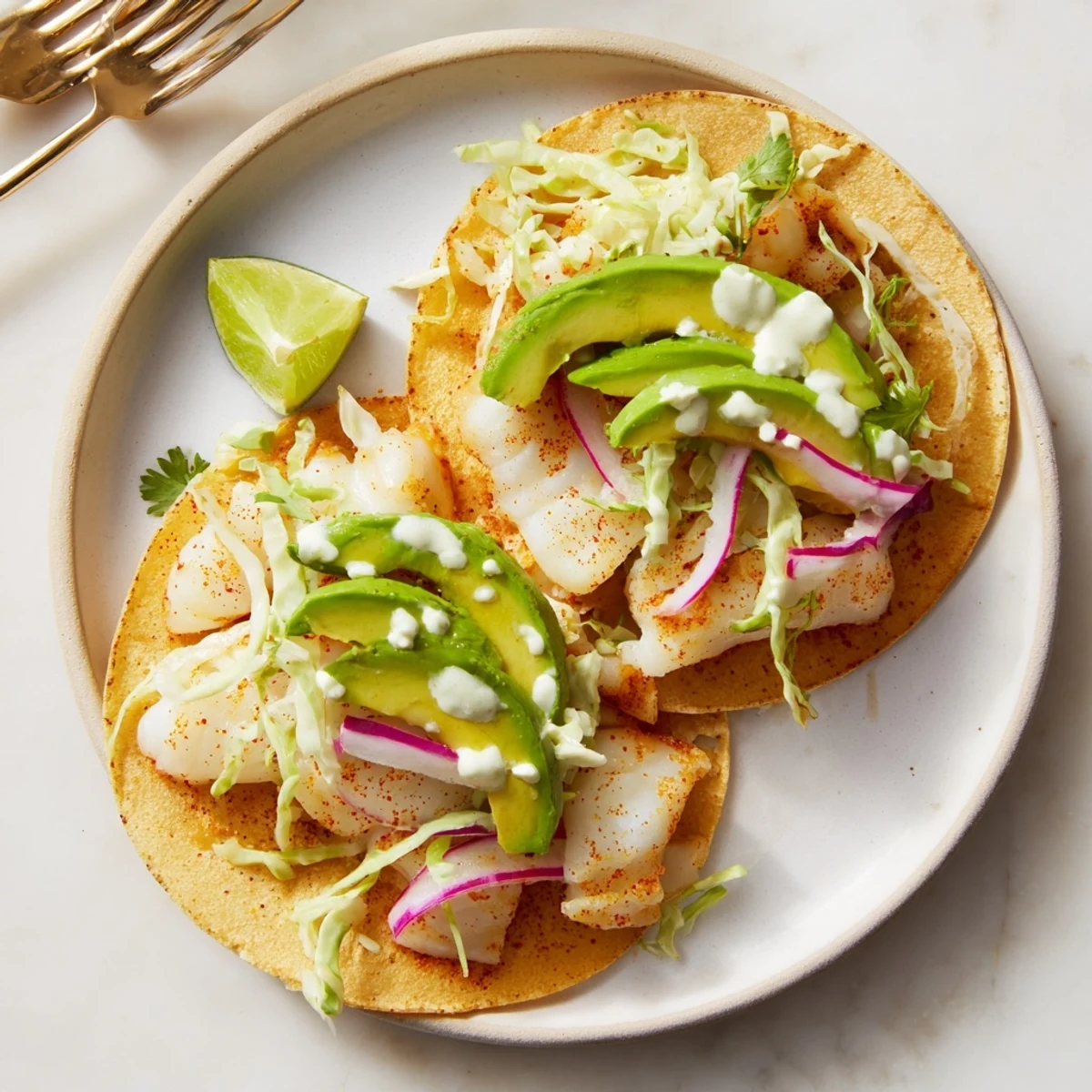 Baked Cod Fish Tacos with Creamy Cilantro Lime Sauce, flaky cod, vibrant slaw