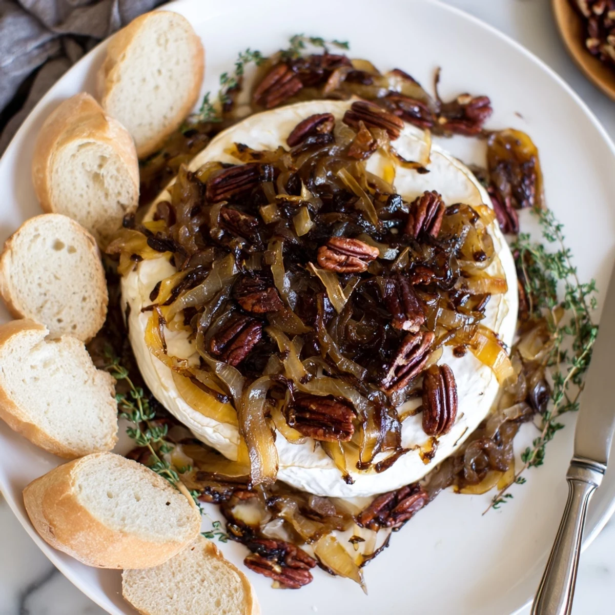 Baked Brie With Caramelized Onions And Pecans bubbling golden, served with sliced baguette