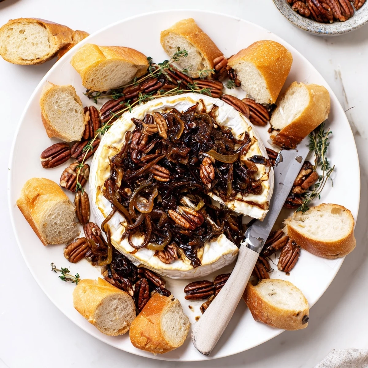 Warm Baked Brie With Caramelized Onions And Pecans topped with fresh thyme, honey drizzle