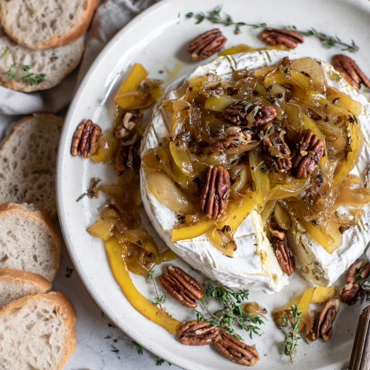 Oven-melted Baked Brie With Caramelized Onions And Pecans, knife slicing gooey center