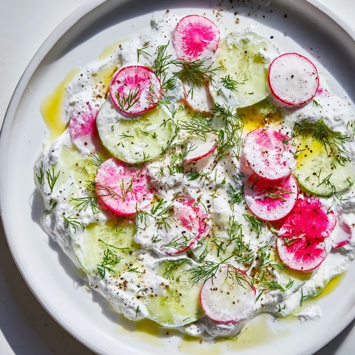 Creamy cucumber radish yogurt dill salad served fresh in a rustic white bowl