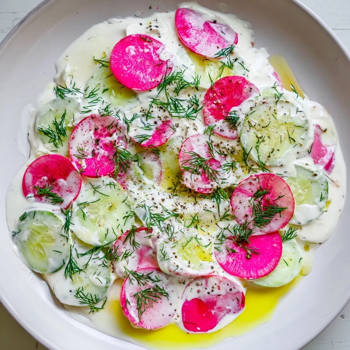 Cool cucumber radish yogurt dill salad garnished with fresh herbs and a lemon wedge