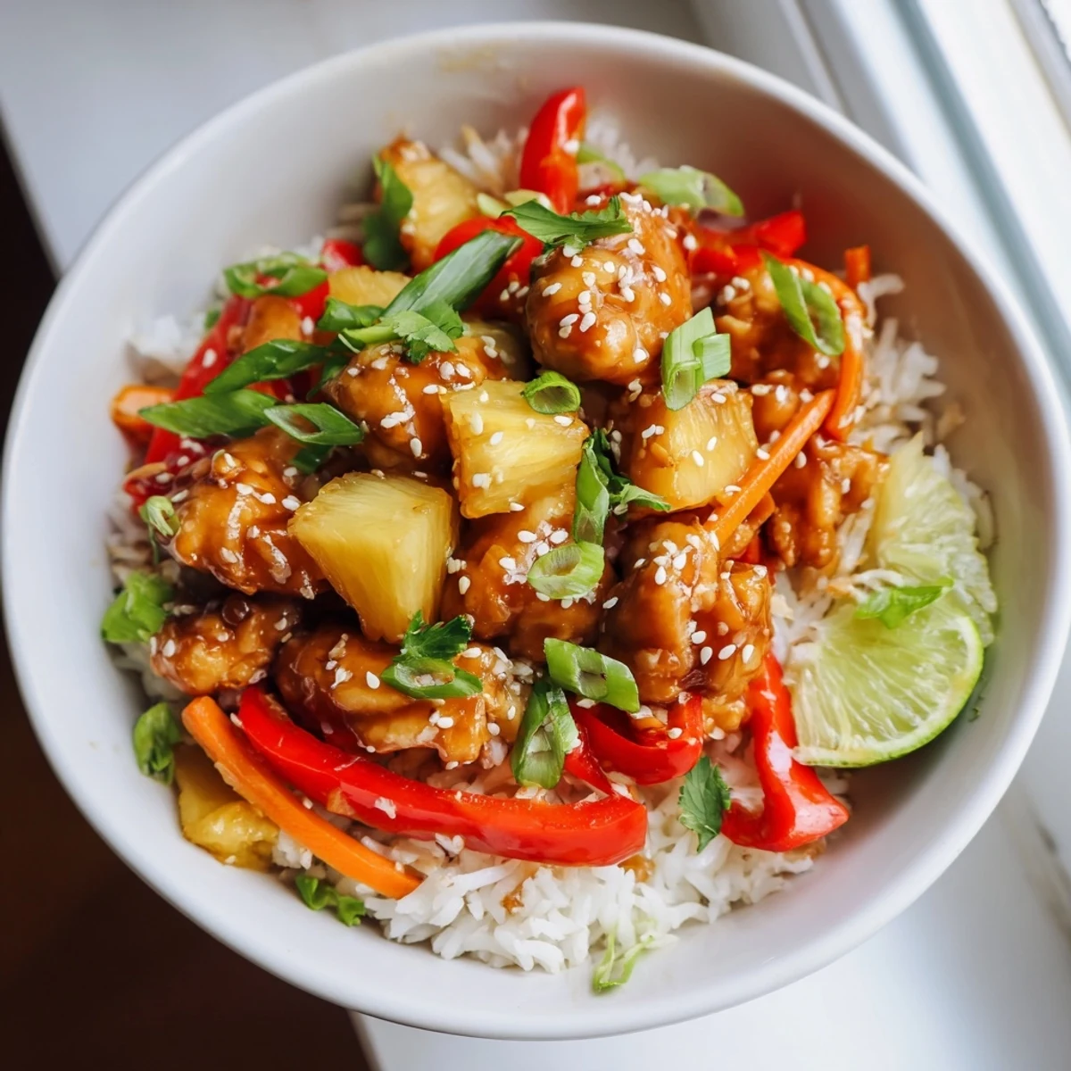 Colorful pineapple chicken rice bowl with tender glazed chicken and fresh tropical vegetables