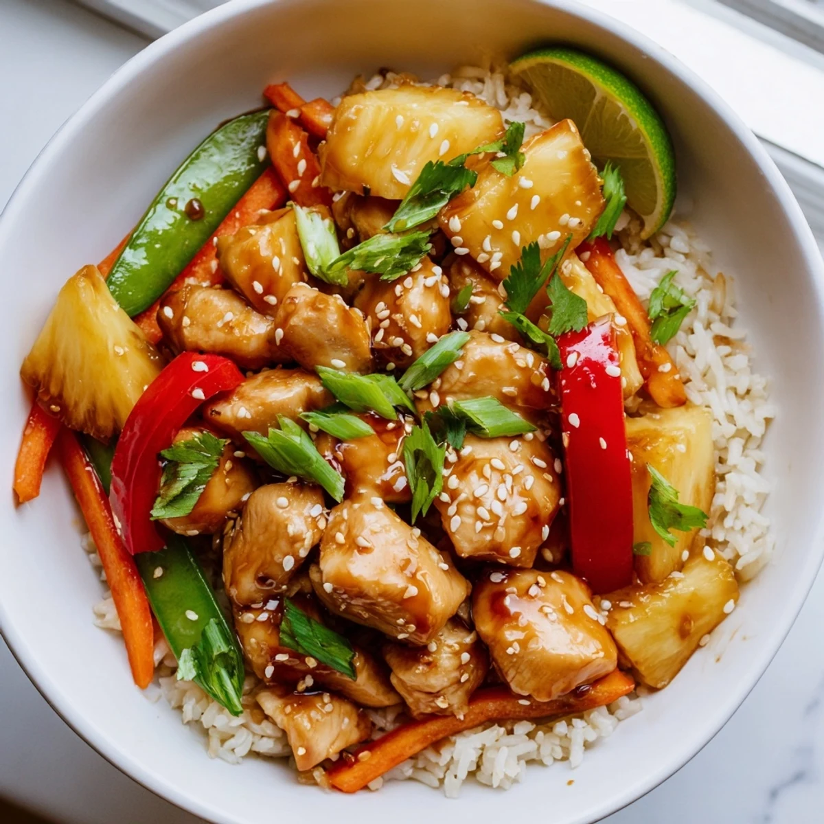 Golden pineapple chicken rice bowl topped with sesame seeds and crisp bell peppers