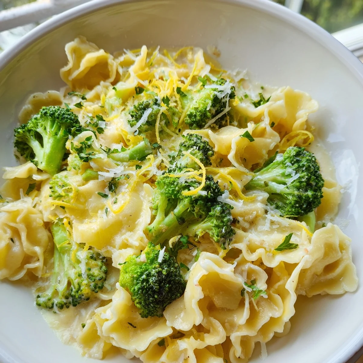 Golden mafaldine pasta limone broccoli tossed in a creamy lemon butter sauce