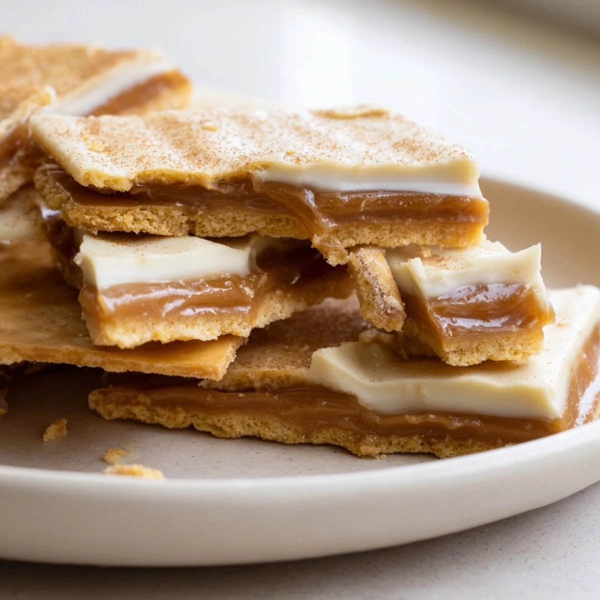 Golden churro saltine white toffee with melted white chocolate and cinnamon sugar topping
