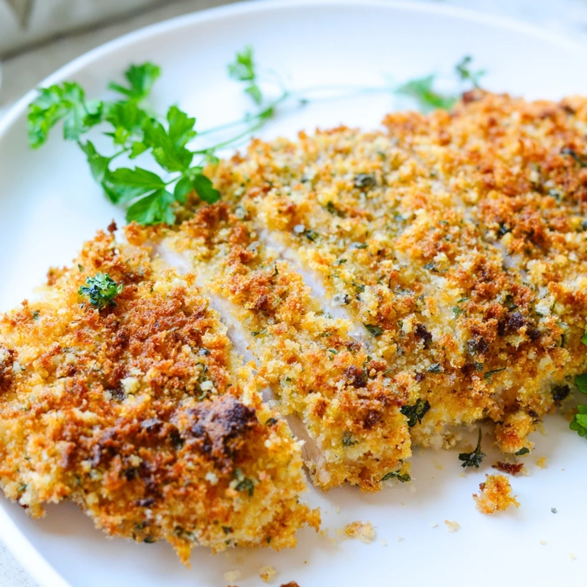 Golden crispy savory herbed Parmesan chicken fresh from the oven on a white plate