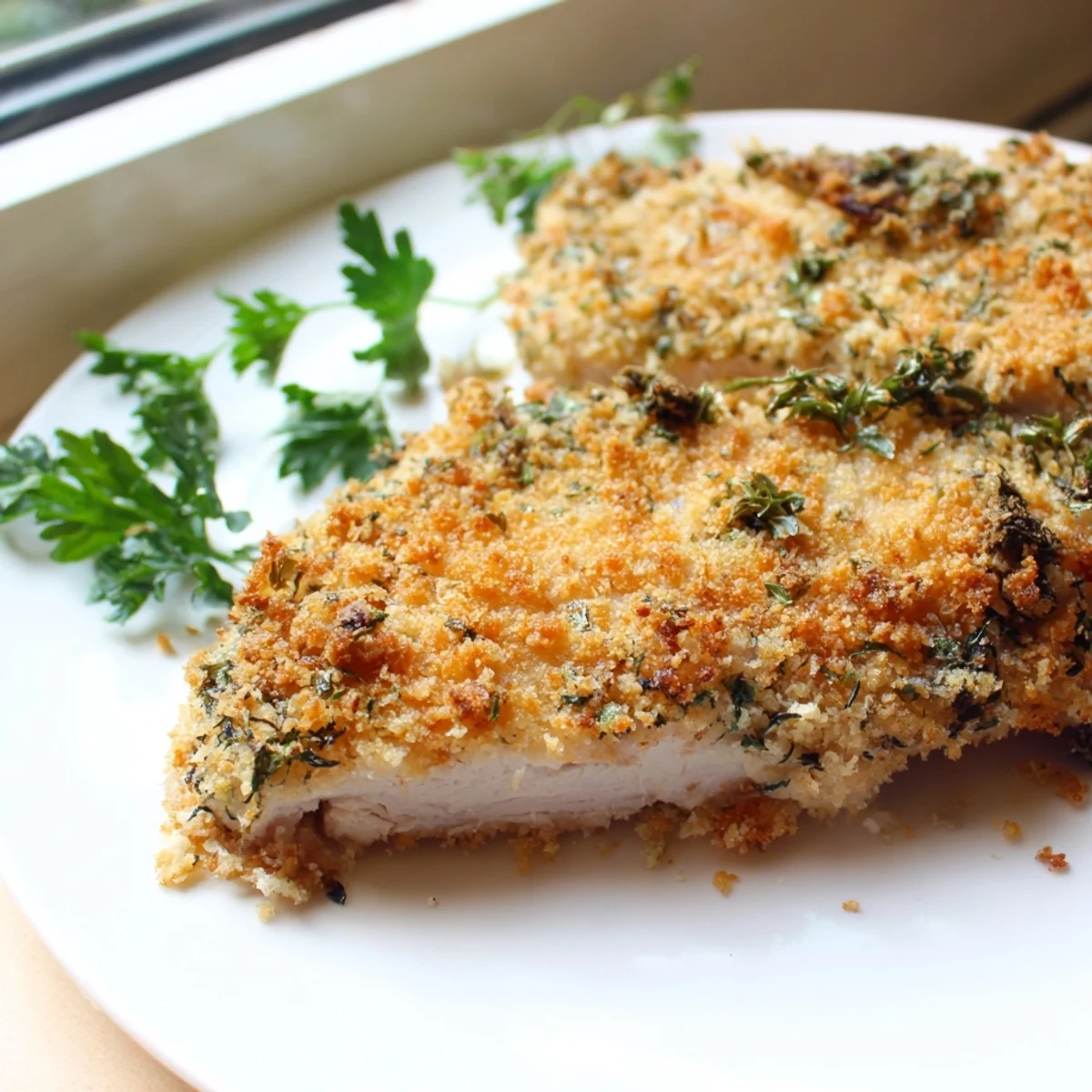 Crispy baked savory herbed Parmesan chicken with a golden herb crust served piping hot