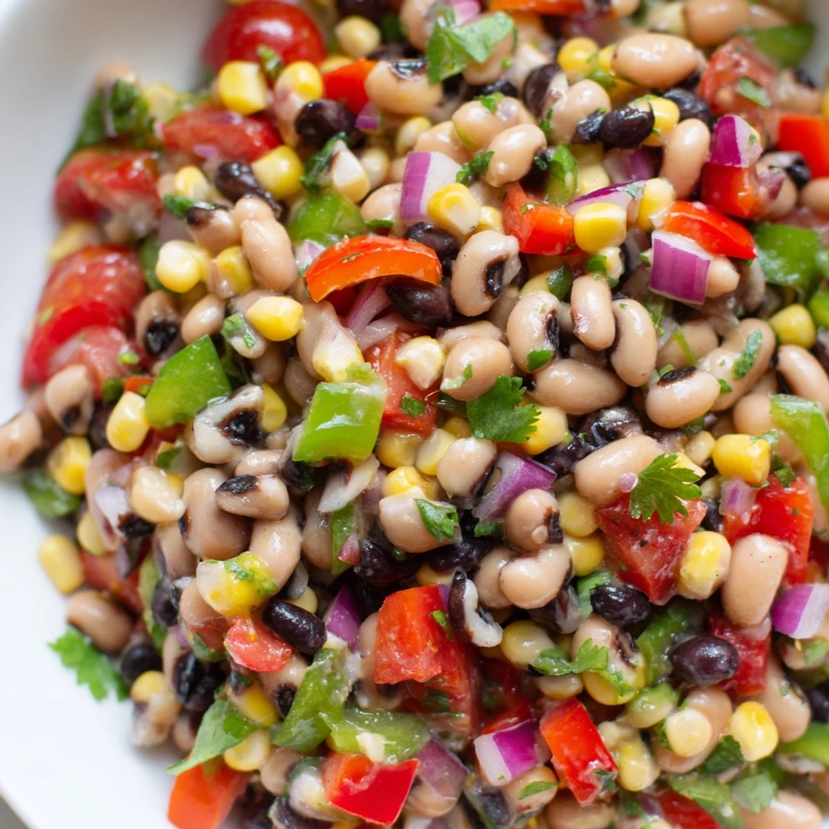 Vibrant Cowboy Caviar recipe featuring black-eyed peas, corn, and diced tomatoes tossed together