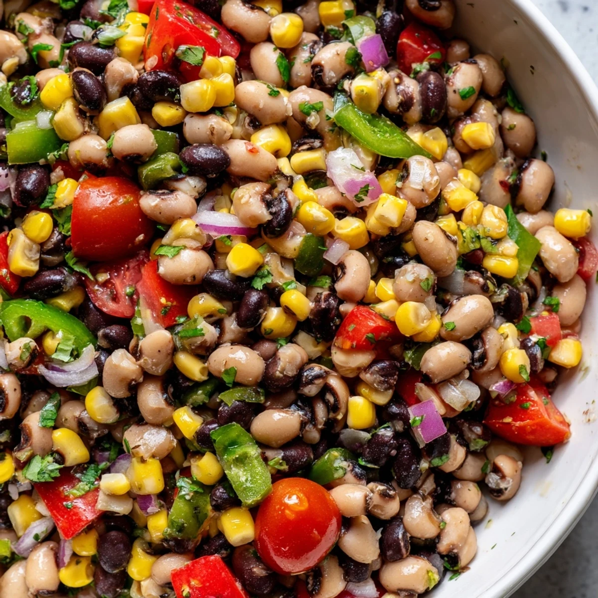 Colorful Cowboy Caviar recipe bursting with fresh beans, peppers, and zesty lime dressing