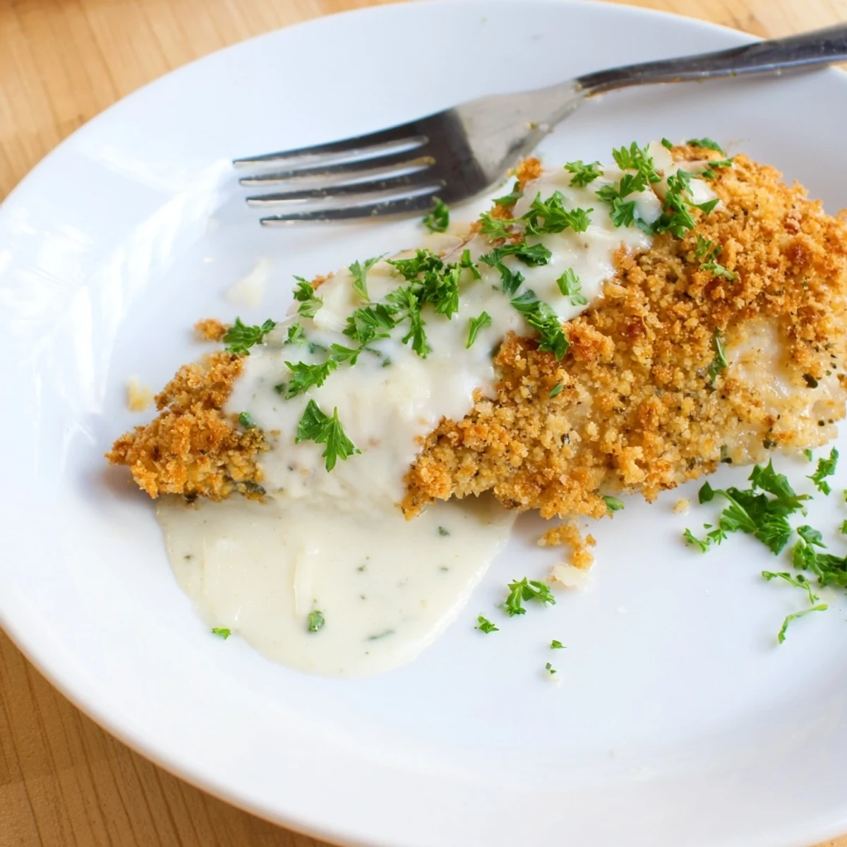 Golden crispy Parmesan chicken with creamy garlic sauce on a white plate
