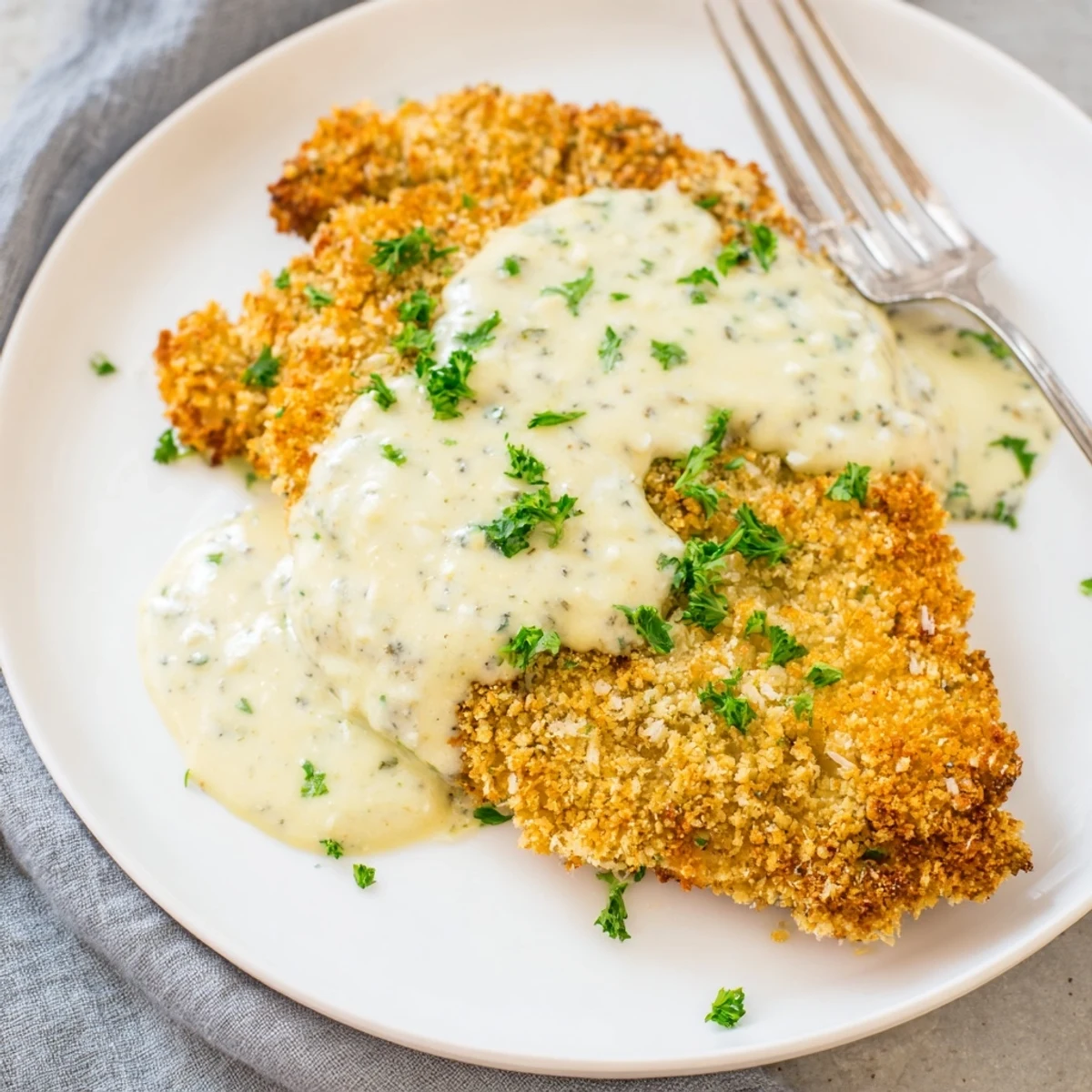 Crispy Parmesan chicken sliced open drizzled with rich creamy garlic sauce