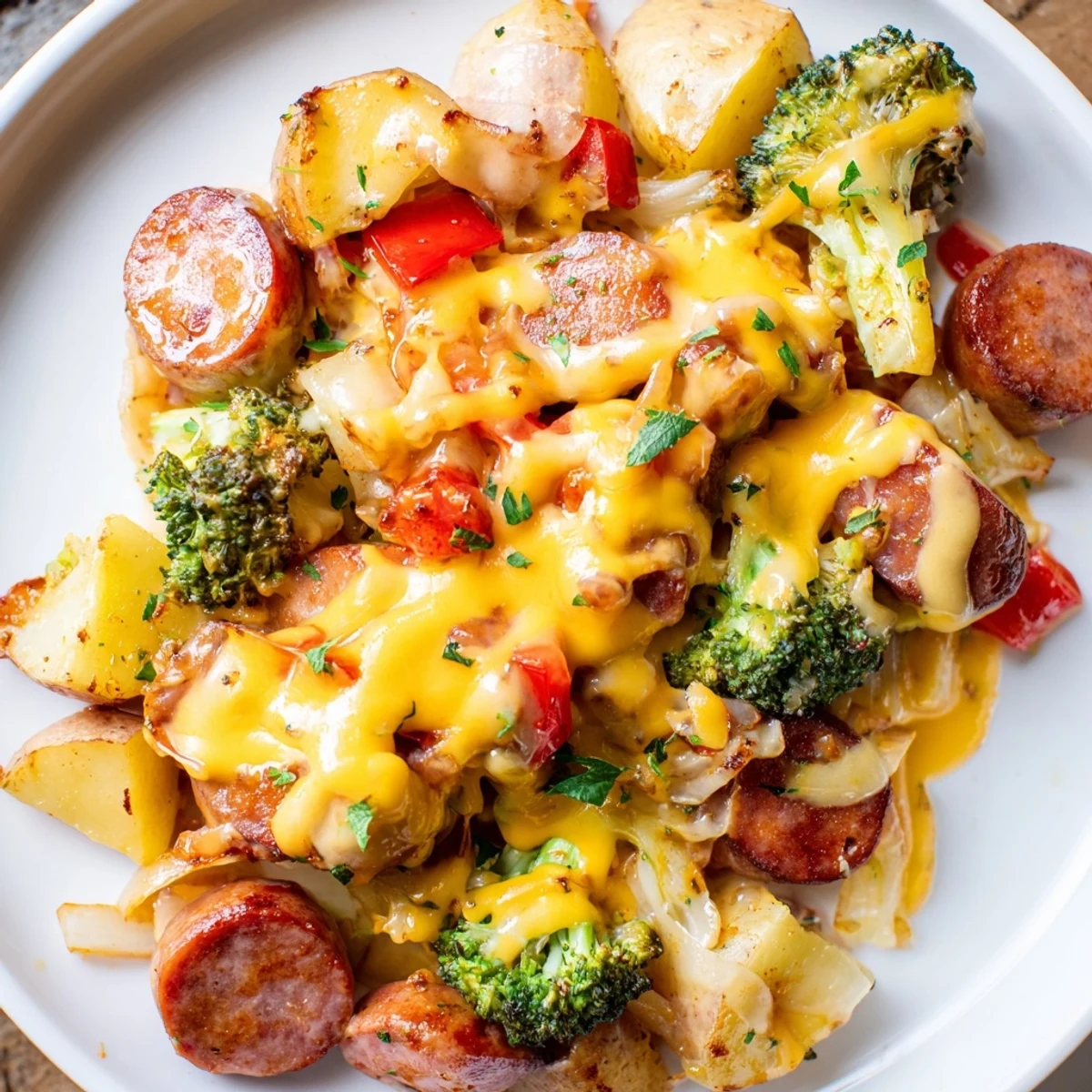 Cheesy Kielbasa Skillet bubbling with melted cheddar, tender potatoes, and smoky sausage