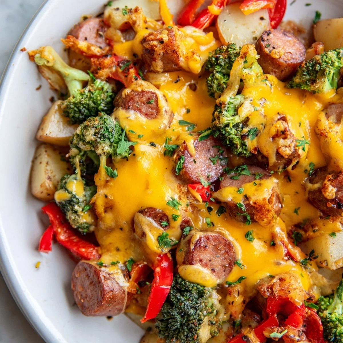 Steaming cast iron Cheesy Kielbasa Skillet topped with gooey cheese and colorful vegetables