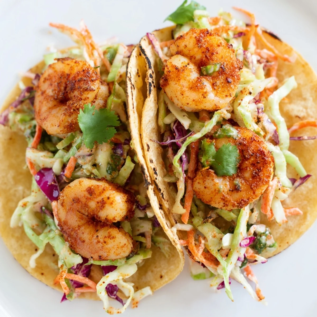 Golden spiced shrimp nestled in soft tortillas beneath a crisp tangy cabbage slaw garnished with fresh lime