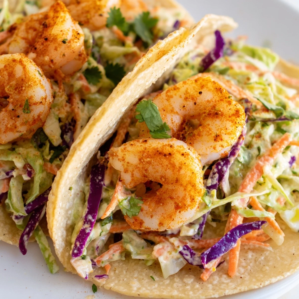 Spicy shrimp tacos piled high with vibrant garlic cilantro lime slaw on warm tortillas