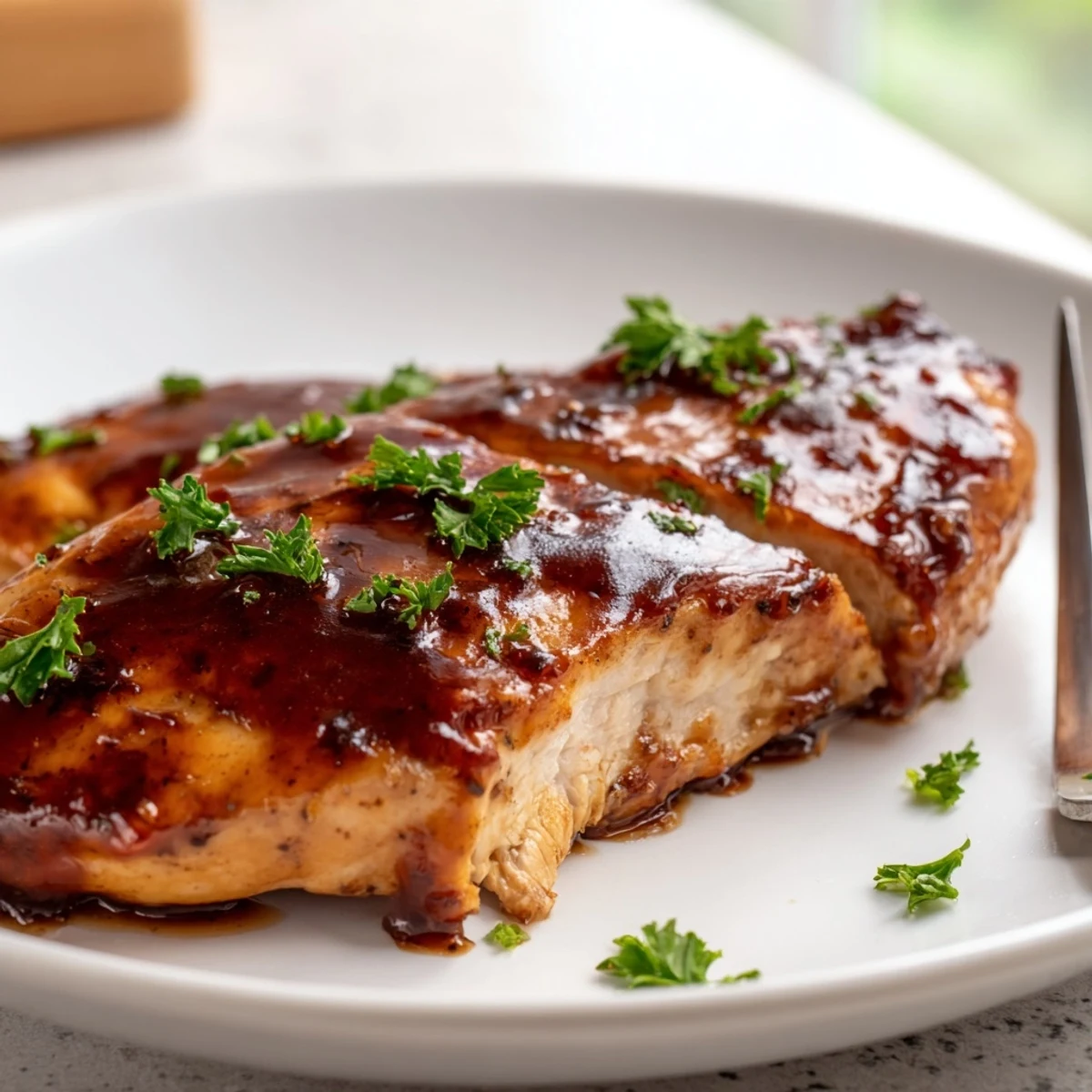 Grilled Coca Cola Glazed Chicken Breast with sticky golden sauce on a summertime plate