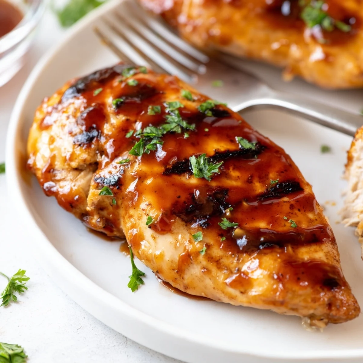 Charred Grilled Coca Cola Glazed Chicken Breast garnished with fresh parsley beside grilled vegetables