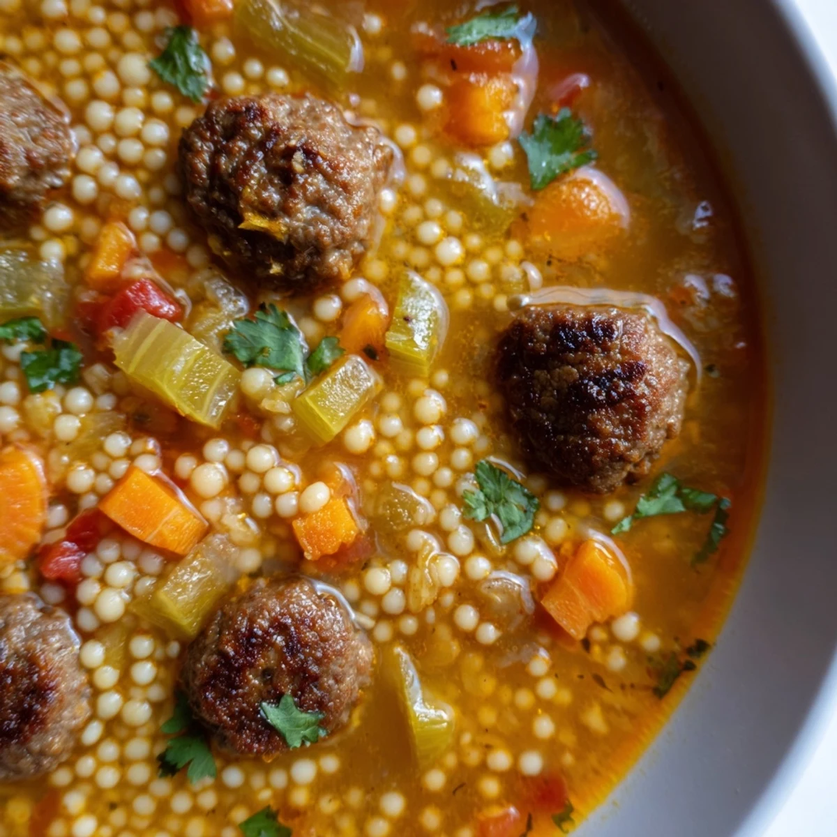 Steaming bowl of Mini Moroccan Meatball Couscous Soup with colorful diced vegetables and fresh herbs