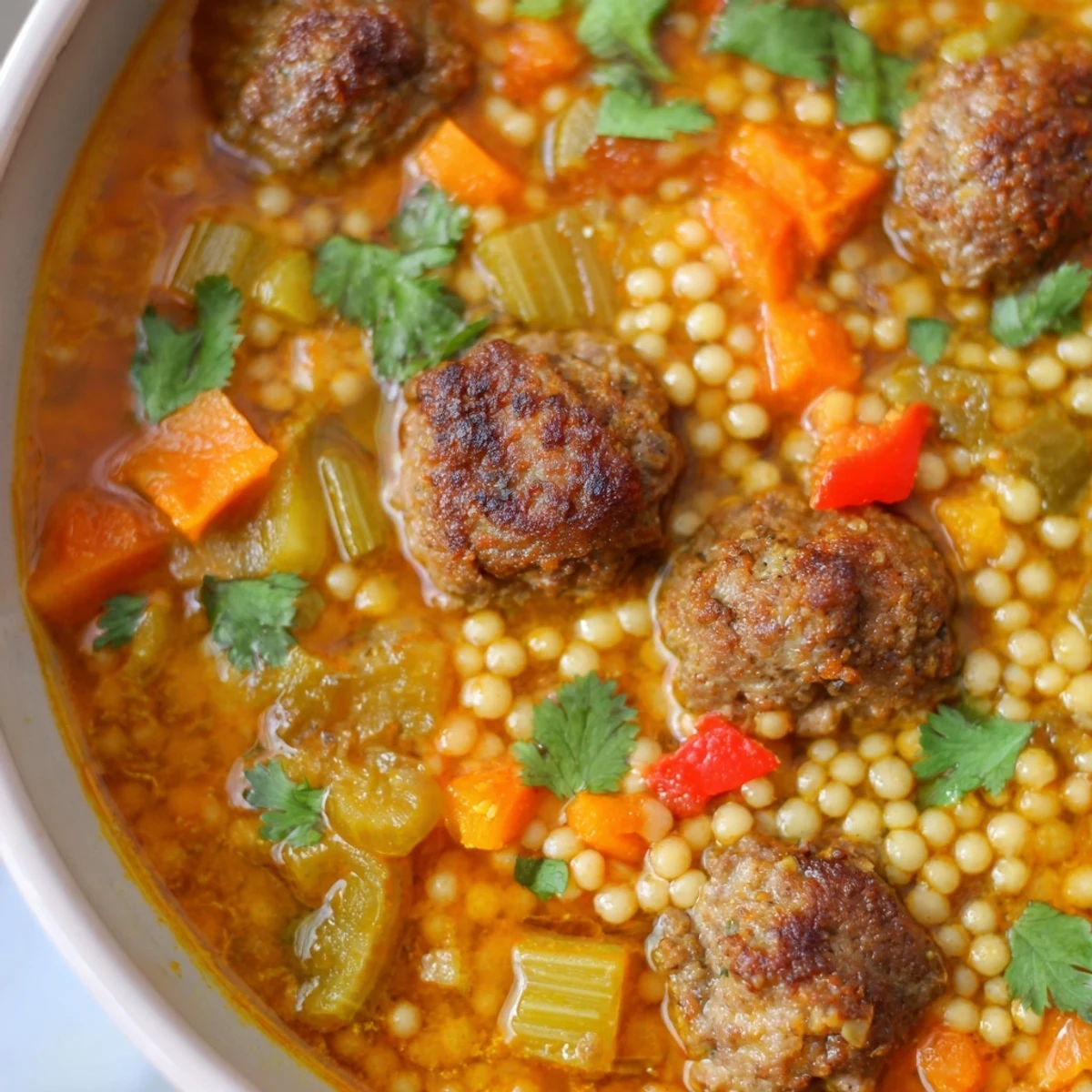 Mini Moroccan Meatball Couscous Soup topped with cilantro in a golden spiced tomato broth