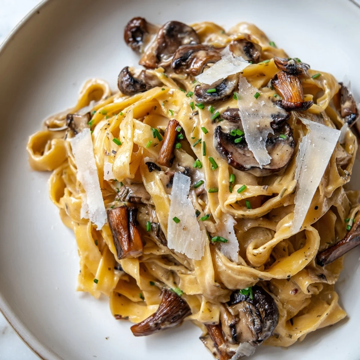 Twirl of creamy brown butter mushroom pasta coated in velvety parmesan sauce on a plate