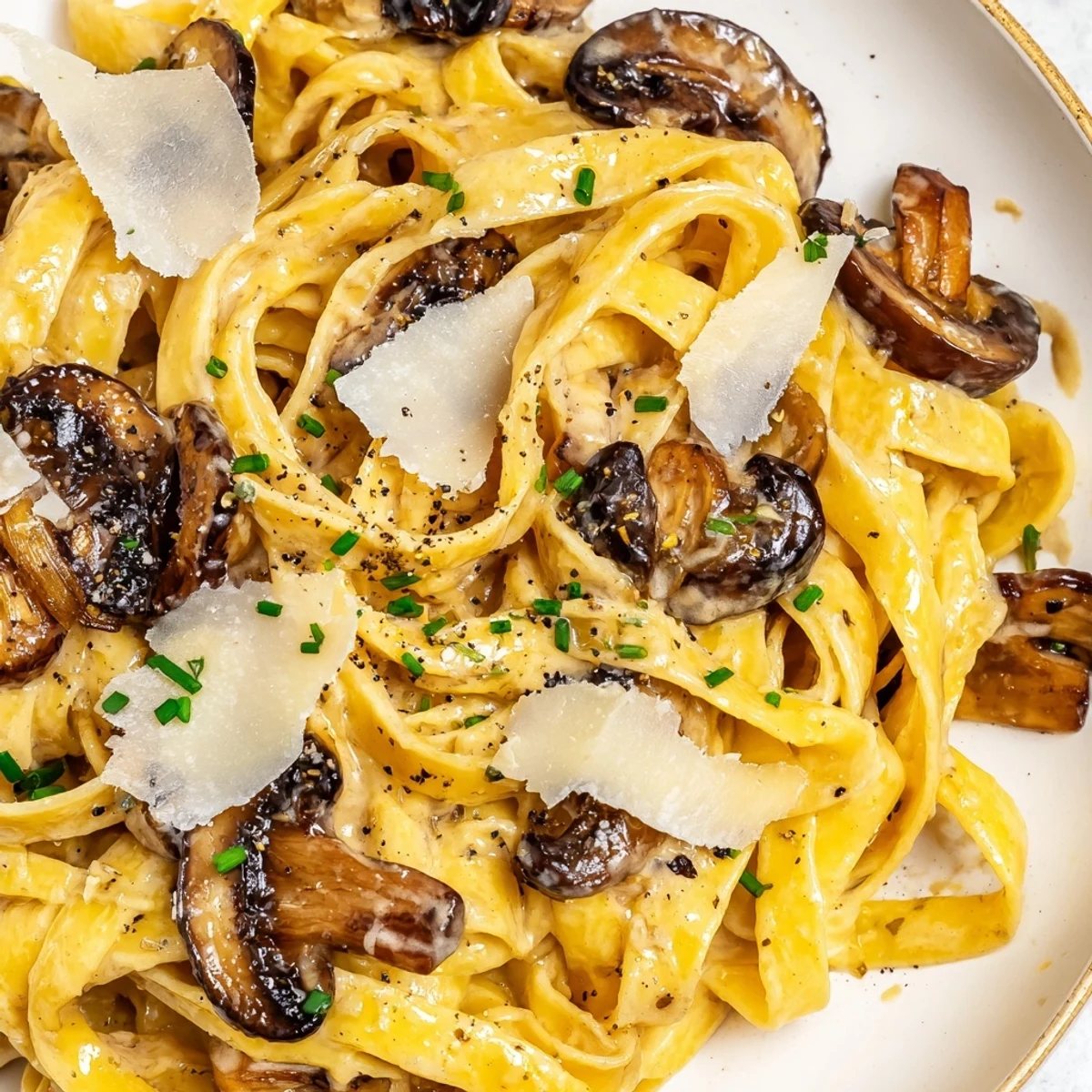 Steaming bowl of creamy brown butter mushroom pasta garnished with herbs and extra cheese