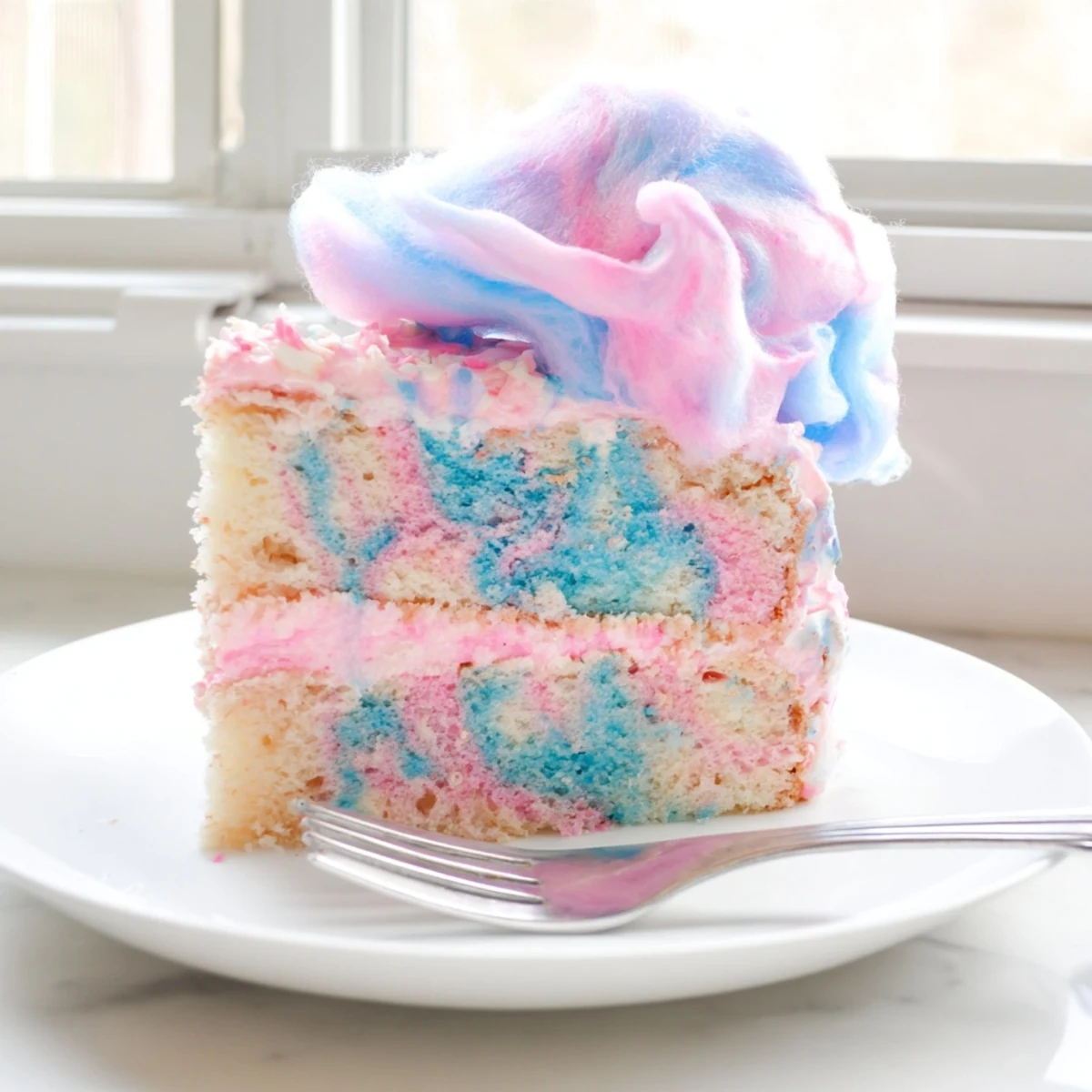 A slice of cotton candy cake with swirled pink and blue buttercream on a dessert plate