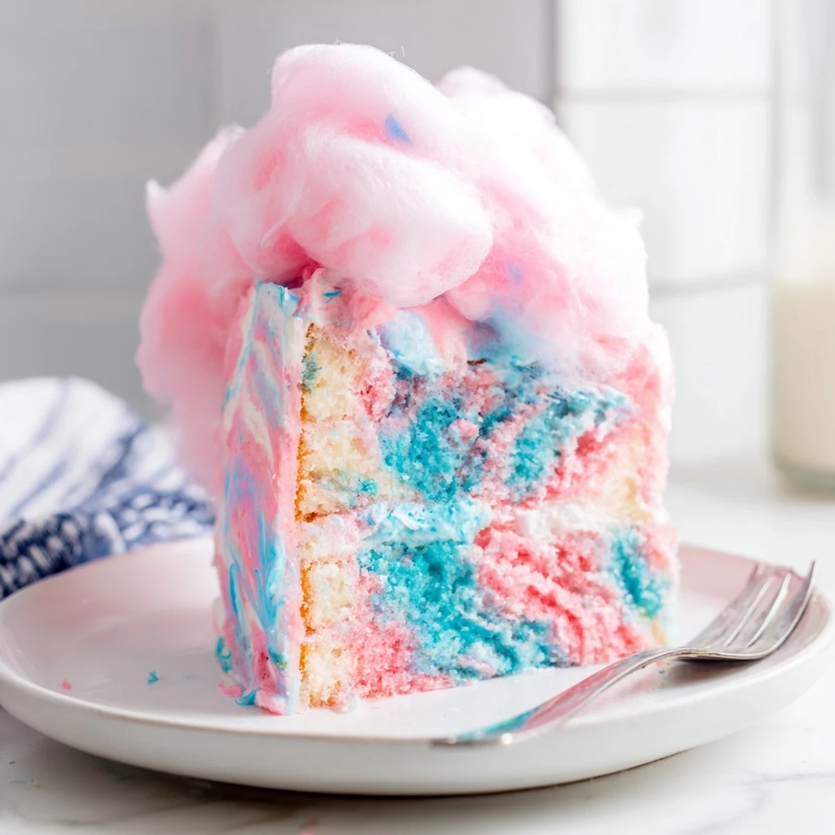 Cotton candy cake recipe featuring fluffy pastel layers crowned with wispy spun sugar garnish