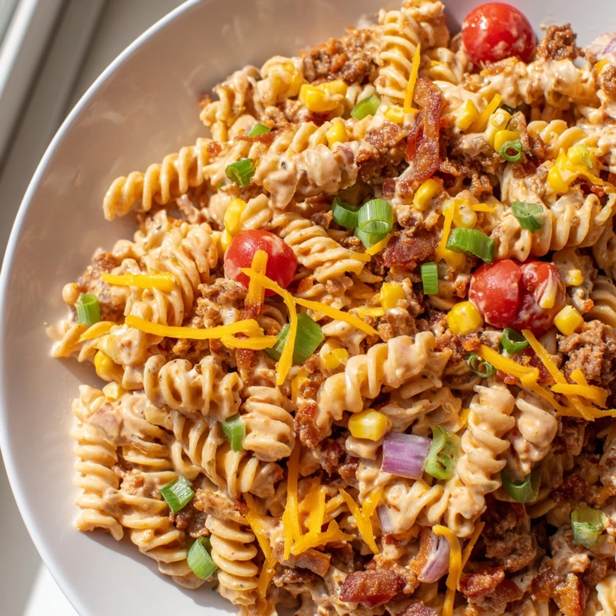 A vibrant cowboy pasta salad loaded with ground beef, bacon, and cheddar in a creamy BBQ ranch dressing
