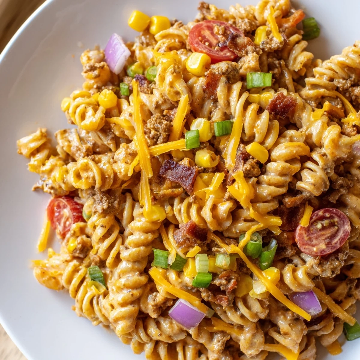 Colorful cowboy pasta salad featuring tender rotini, crispy bacon, sweet corn, and juicy cherry tomatoes tossed together