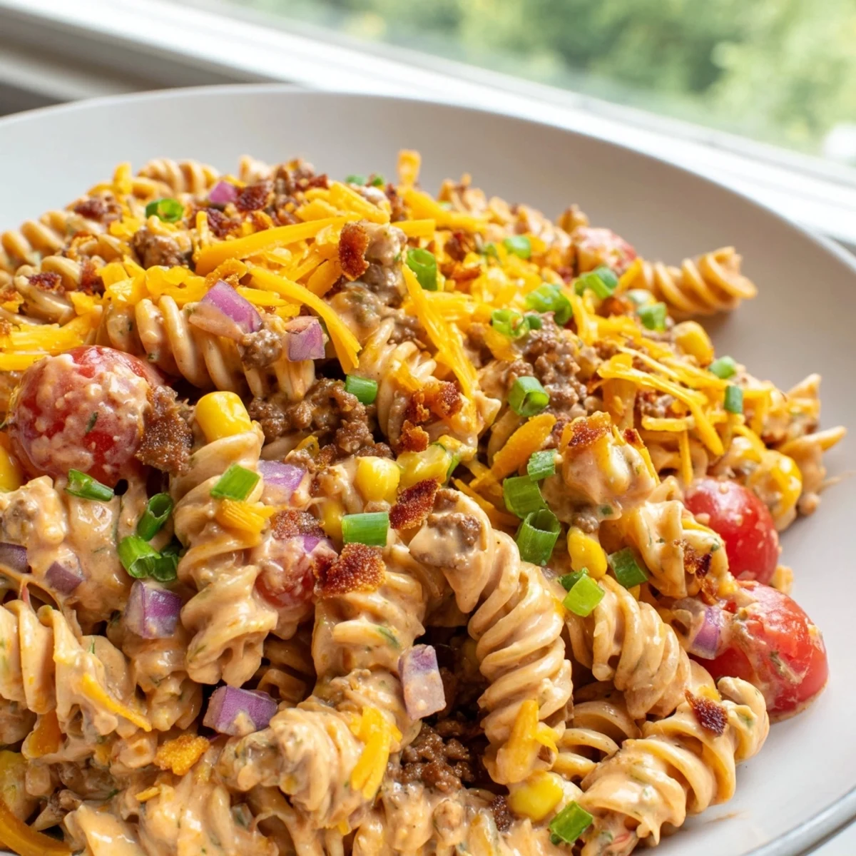 Hearty cowboy pasta salad served in a rustic bowl with melted cheddar, savory beef, and zesty dressing