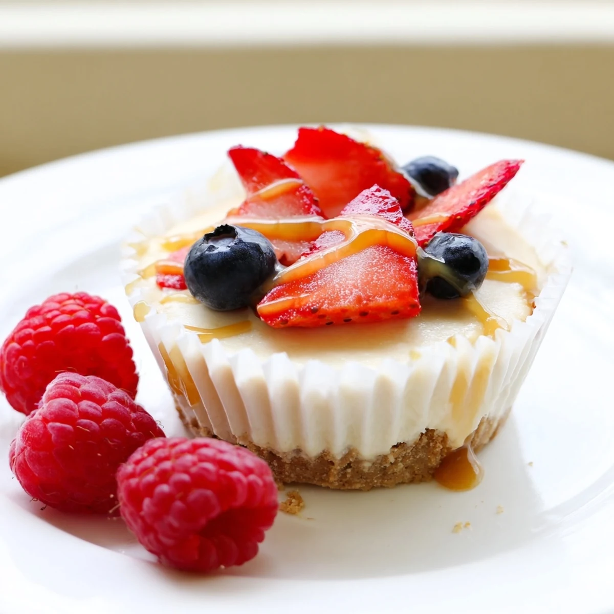Mini cheesecakes with smooth vanilla filling drizzled in rich caramel sauce