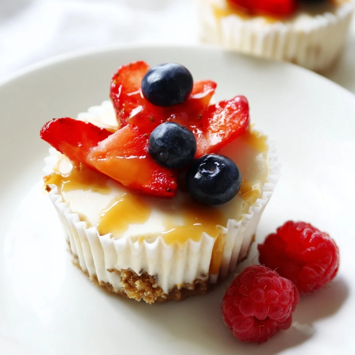 Creamy mini cheesecakes topped with fresh berries on a graham cracker crust