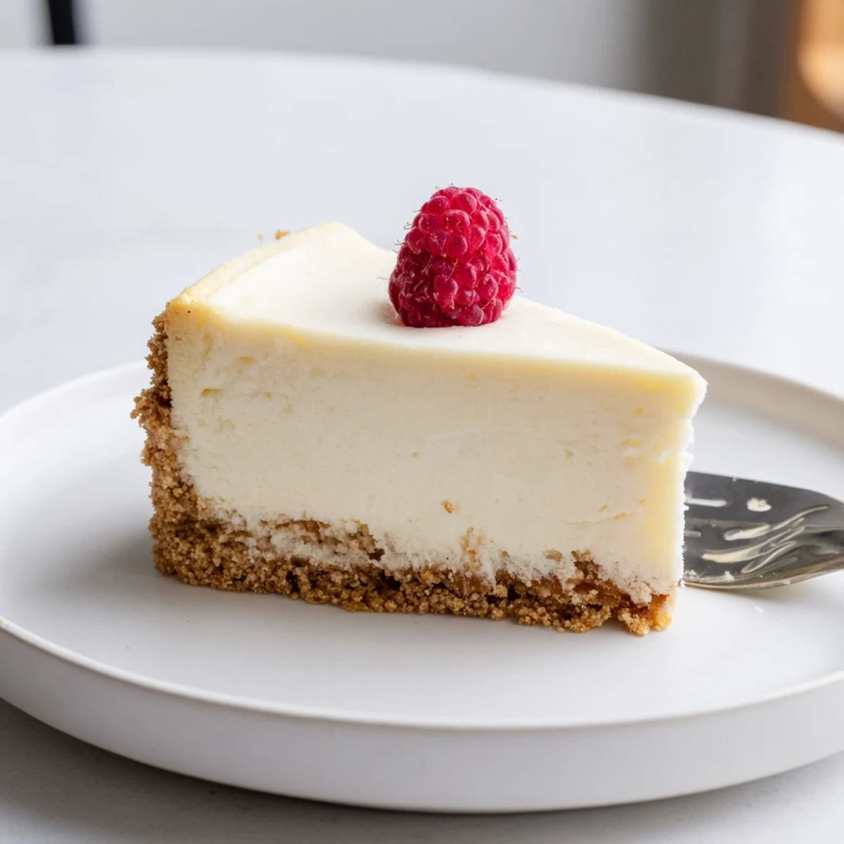 Creamy cheesecake with golden graham cracker crust sliced on a rustic white plate
