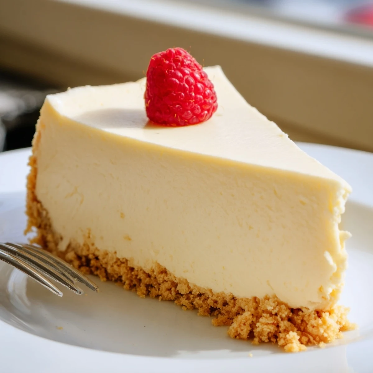 Silky baked cheesecake topped with glossy sour cream and fresh seasonal berries