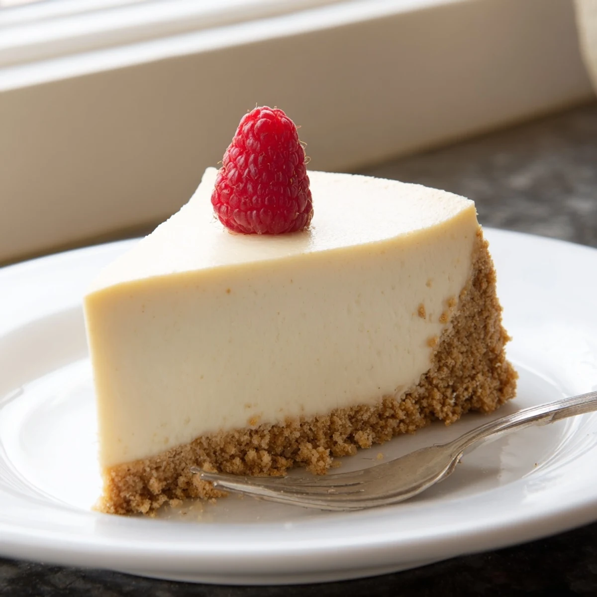 Tall New York style cheesecake showing a smooth dense filling on a decorative cake stand