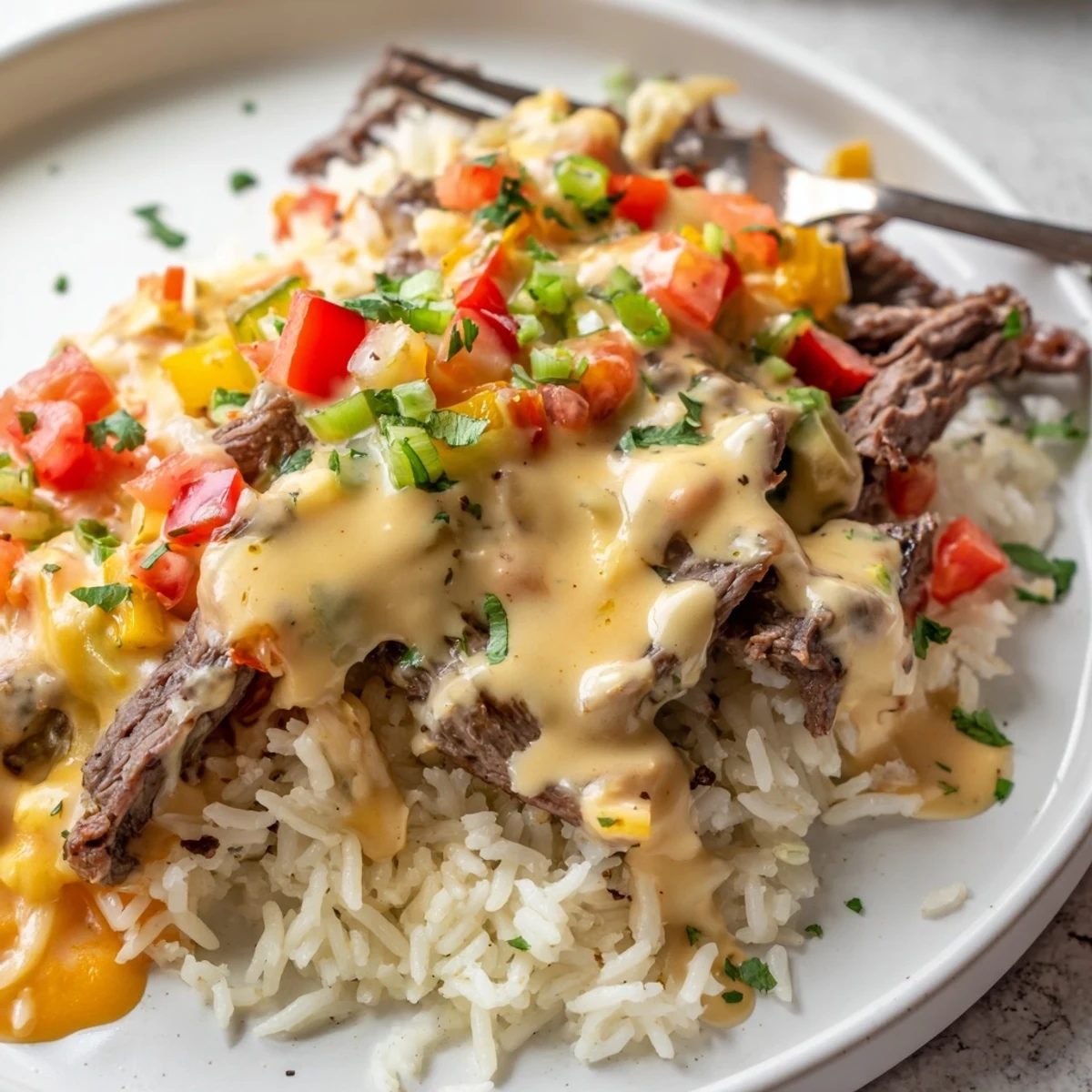 Steak queso rice with tender seared beef smothered in melted cheese sauce